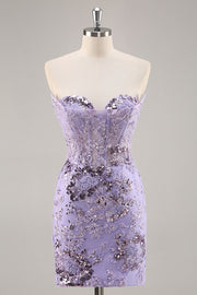 Sparkly Purple Corset Floral Beaded Short Cocktail Dress with Sequins