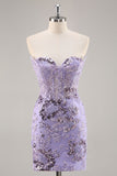 Purple Strapless Beaded Corset Homecoming Dress with Appliques