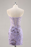 Purple Strapless Beaded Corset Homecoming Dress with Appliques