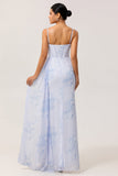 Blue Floral Spaghetti Straps Corset Fitted Long Bridesmaid Dress with Slit