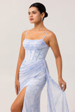 Blue Floral Spaghetti Straps Corset Fitted Long Bridesmaid Dress with Slit