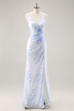 Blue Floral Chiffon Ruched Long Bridesmaid Dress with Slit