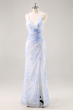 Blue Floral Chiffon Ruched Long Bridesmaid Dress with Slit