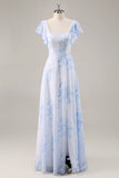 Blue Floral Chiffon Scoop Neck Long Bridesmaid Dress with Ruffles