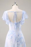 Blue Floral Chiffon Scoop Neck Long Bridesmaid Dress with Ruffles