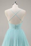Green Chiffon A Line Pleated V Neck Ruffled Long Formal Dress