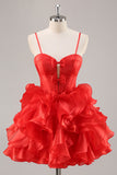 Red A Line Corset Ruffled Short Cocktail Dress with Bows