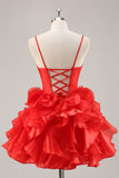 Red A Line Corset Ruffled Short Cocktail Dress with Bows