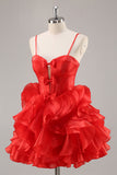 Red A Line Corset Ruffled Short Cocktail Dress with Bows