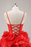 Red A Line Corset Ruffled Short Cocktail Dress with Bows