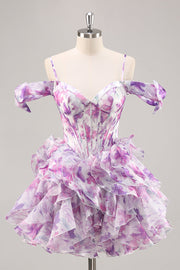 Purple Floral A Line Printed Corset Ruffled Short Cocktail Dress