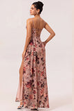 Dusty Rose Sheath Corset Ruched Floral Long Bridesmaid Dress with Side Streamer