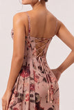 Dusty Rose Sheath Corset Ruched Floral Long Bridesmaid Dress with Side Streamer