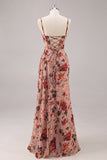 Dusty Rose Sheath Corset Ruched Floral Long Bridesmaid Dress with Side Streamer