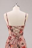 Dusty Rose Sheath Corset Ruched Floral Long Bridesmaid Dress with Side Streamer