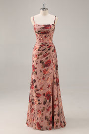 Dusty Rose Floral Corset Ruched Sheath Long Bridesmaid Dress with Slit