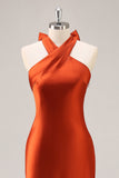 Simple Rust Satin Halter Mermaid Long Bridesmaid Dress with Bow