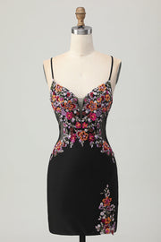 Sparkly Black Corset Floral Satin Short Cocktail Dress