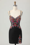 Sparkly Black Corset Floral Satin Short Cocktail Dress