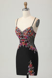 Sparkly Black Corset Floral Satin Short Cocktail Dress