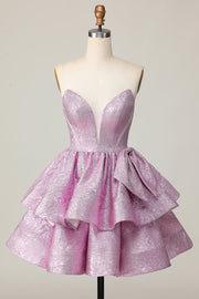 Light Purple A Line Strapless Tiered Short Cocktail Dress with Bow