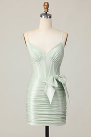 Sage Bodycon Short Corset Cocktail Dress with Bow
