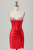 Strapless Red Bodycon Beaded Corset Homecoming Dress with Slit