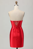 Strapless Red Bodycon Beaded Corset Homecoming Dress with Slit