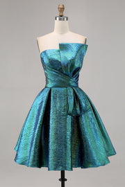 Metallic Ruched Peacock Green Strapless A Line Short Cocktail Dress
