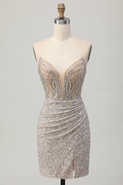 Sparkly Silver Bodycon Sequins Short Cocktail Dress with Slit