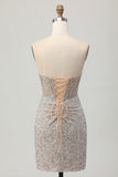 Sparkly Silver Bodycon Strapless Sequins Homecoming Dress with Slit