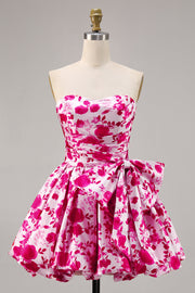 Floral Fuchsia Strapless A Line Short Cocktail Dress with Bow