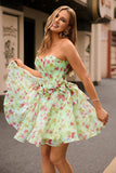 Green Strapless A-Line Floral Corset Homecoming Dress with Bows