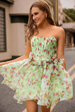 Green Strapless A-Line Floral Corset Homecoming Dress with Bows