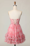 Floral Red Printed Corset A Line Short Cocktail Dress