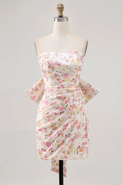 Pink Flower Strapless Bodycon Ruched Short Cocktail Dress