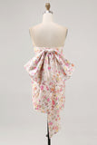 Strapless Bodycon Pink Flower Homecoming Dress with Bow