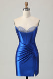 Beaded Tight Royal Blue Strapless Homecoming Dress with Slit