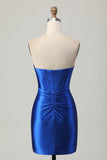 Beaded Tight Royal Blue Strapless Homecoming Dress with Slit
