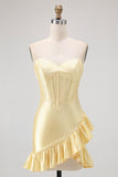 Sparkly Yellow Tight Sweetheart Corset Beaded Short Cocktail Dress with Ruffles