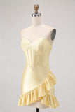 Sparkly Yellow Tight Sweetheart Corset Beaded Short Cocktail Dress with Ruffles