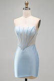 Strapless Light Blue Corset Bodycon Beaded Short Homecoming Dress with Slit