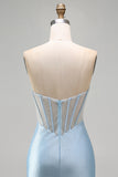 Strapless Light Blue Corset Bodycon Beaded Short Homecoming Dress with Slit