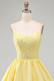 Yellow A-Line Strapless Pearls Corset Short Homecoming Dress with Ruffles