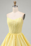 Yellow A-Line Strapless Pearls Corset Short Homecoming Dress with Ruffles