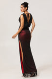 Black Red V Neck Ruched Sheath Long Bridesmaid Dress