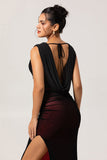 Black Red V Neck Ruched Sheath Long Bridesmaid Dress
