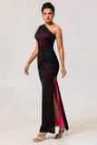 Black Pink One Shoulder Sheath Ruched Long Bridesmaid Dress