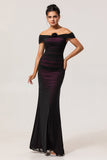 Black Pink Off the Shoulder Sheath Long Bridesmaid Dress