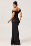 Black Pink Off the Shoulder Sheath Long Bridesmaid Dress